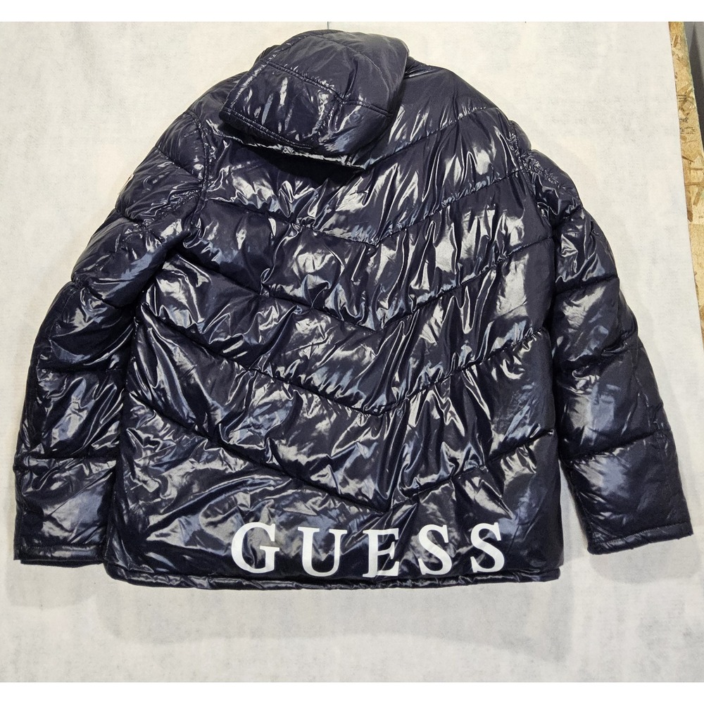 Guess Puffer Coat Mens XXL‎ Jacket Down Navy Blue Quilted Hooded Winter Gorpcore